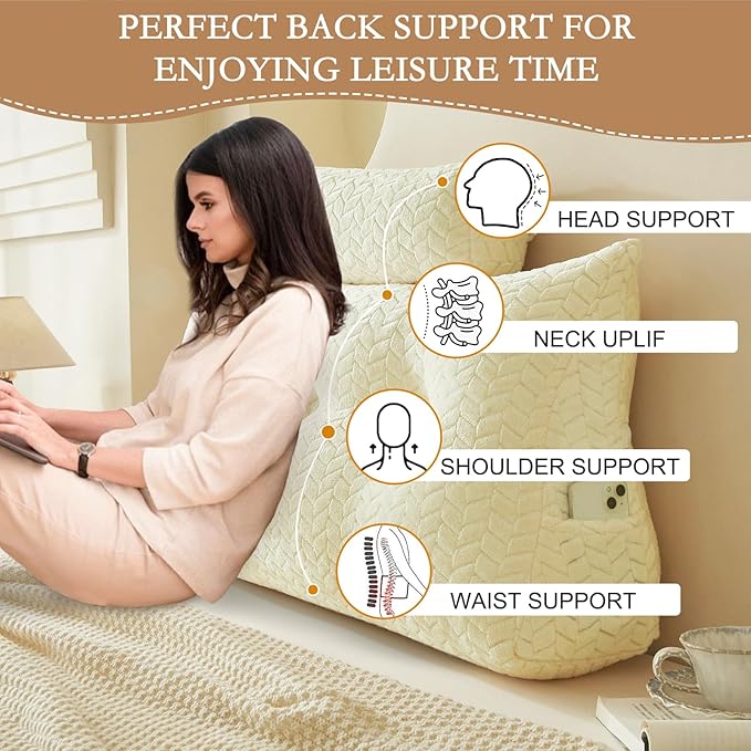 YOUR MOON Wedge Headboard Pillow Twin with 1 Pack Neck Roll Pillows, Triangular Wedge Backrest Pillow Headboard for Bed,Daybed,and Lounging, Large Bed Bolster Pillows,Off White