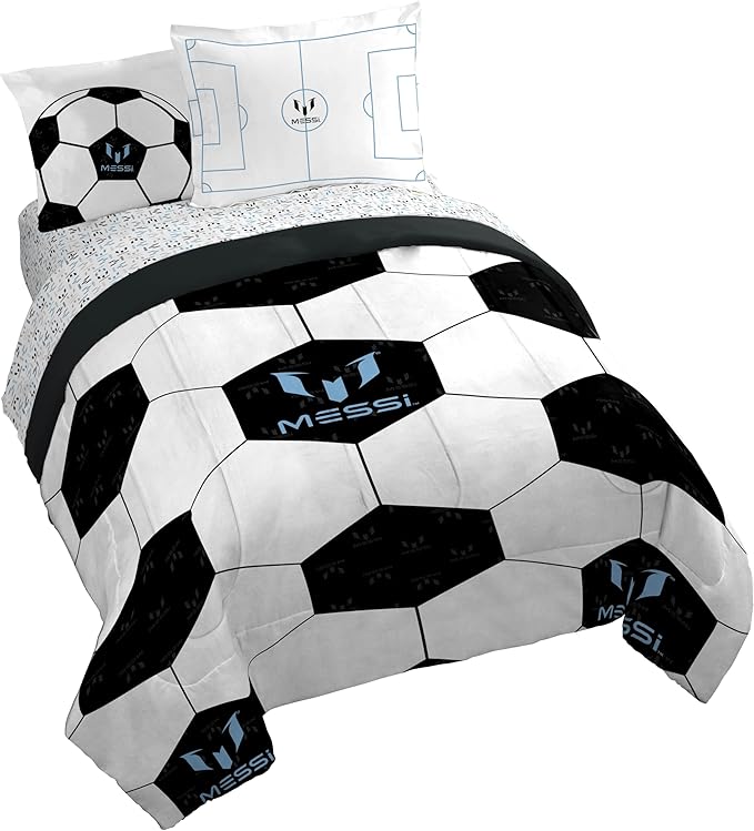 Jay Franco Kids Comforter Set Includes Sheets and Pillow Cover - Soft and Cozy Bed Set for Stylish Room Décor, White - Lionel Messi, 7 Piece Queen