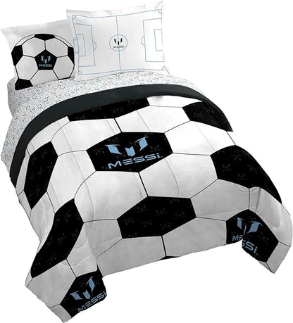 Jay Franco Kids Comforter Set Includes Sheets and Pillow Cover - Soft and Cozy Bed Set for Stylish Room Décor, White - Lionel Messi, 7 Piece Queen