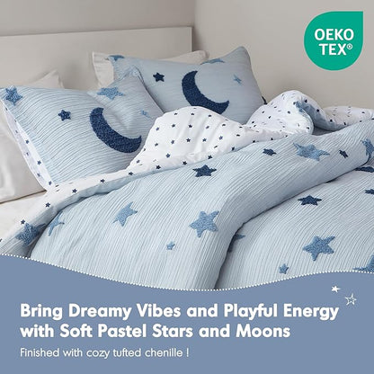 Intelligent Design Kids Cosmos Twin Size Duvet Set – Blue Star and Moon Tufted Chenille, Reversible 2-Piece Bedding with Star Pillow