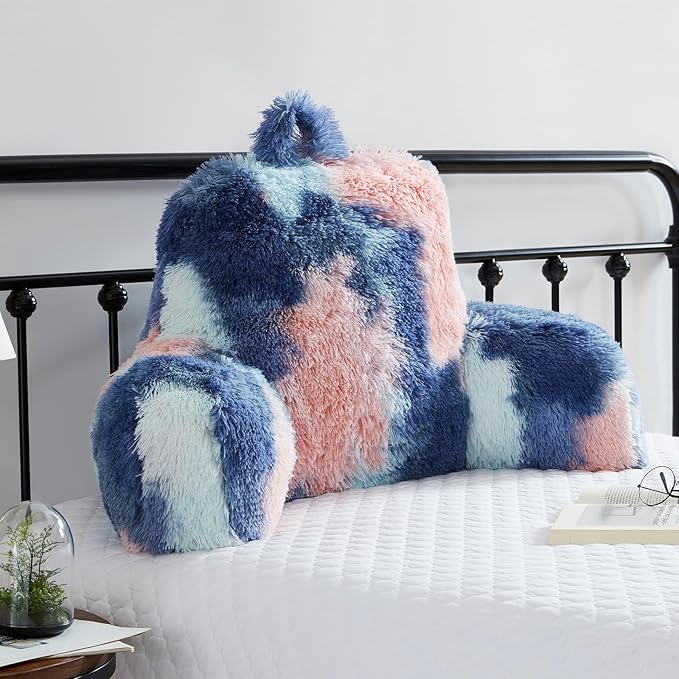 Reading Pillow for Bed Adult - Faux Fur Backrest Pillow with Arms, Ergonomic Back Pillows for Sitting in Bed, Extra Fluffy TV Pillows, College Dorm Pillows, Functional Bed Cushion, Bedrest