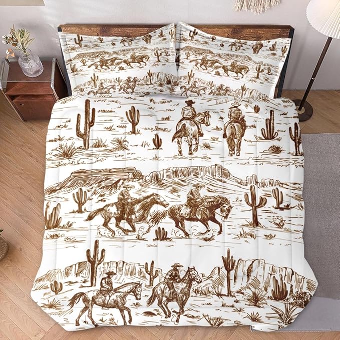 Full Size Comforter Set with 2 Pillowcase, American Desert Cowboy Soft 3 Pcs Bedding for Kids and Adults, Western Vintage Horse Comforter Set for Room Bedroom Bed Decor