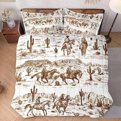 Queen Size Comforter Set with 2 Pillowcase, American Desert Cowboy Brown Soft 3 Pcs Bedding for Kids and Adults, Western Retro Horse Comforter Set for Room Bedroom Bed Decor