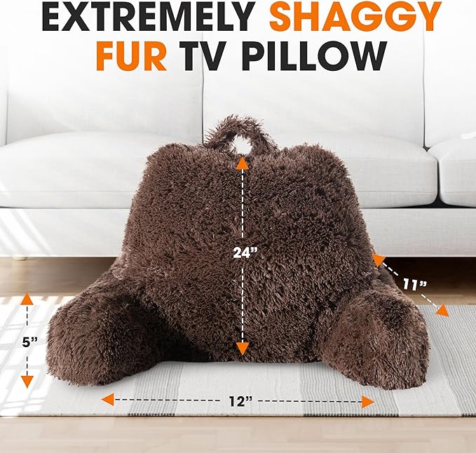 Cheer Collection Fluffy Reading Pillow Chair - Shaggy Hair Chair Pillow with Arms for Bed & Couch, Chocolate