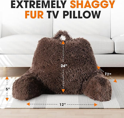 Cheer Collection Fluffy Reading Pillow Chair - Shaggy Hair Chair Pillow with Arms for Bed & Couch, Chocolate