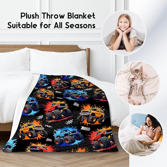 Boys Blanket - Truck Blankets for Kids Toddler - Plush Cozy Flannel Small Throws - Car-Themed Gifts for Son (40"x50")