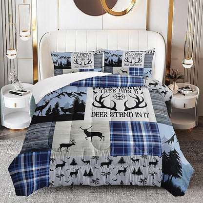 Snowy Forest Deer Comforter Set Full Size, 3-Piece Blue Vintage Animal Plaid Bedding Set for Kids Adults Bedroom, Hunting Wildlife Deer Tree Bedding Set with 2 Pillowcases & 2 Shams