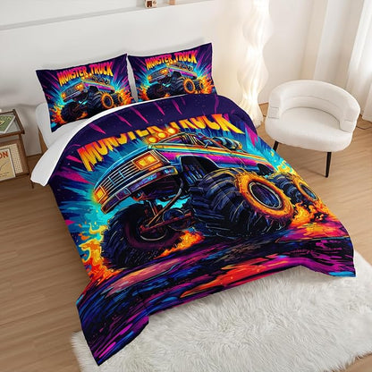 Cool Monster Truck Comforter Set King Size,Colorful Racing with Flame Bedding for Kids Boys Teens Room Decor,Cartoon Cars Sport Themed Bedding Sets with 2 Pillowcases.