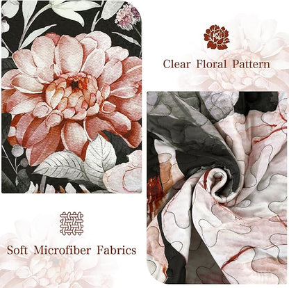 Drucon Floral Quilt Queen Size - 3 Pieces Black Quilt Botanical Bedspread Soft Lightweight Flower Bedding Set for All Season (96"x90")