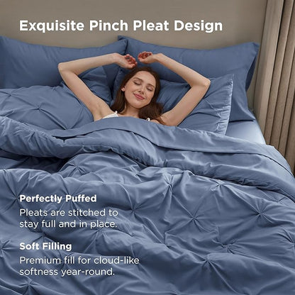 Bedsure California King Comforter Set - Bed in a Bag Cal King Bedding Set 7 PCS, GentleSoft™ Pintuck Bed Set Gift for Family, Pinch Pleat Slate Blue Comforter with Sheets, Pillowcases & Shams