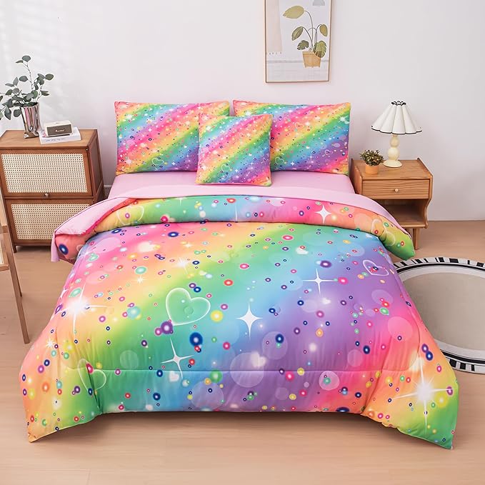 MWMWMW 6 Pcs Rainbow Galaxy Comforter Set Full, Girls Bedding Sets Full, Kids Bedding Sets for Girls with 1 Comforter, 1 Flat Sheet, 1 Fitted Sheet, 1 Pillow Cover, 2 Pillowcases