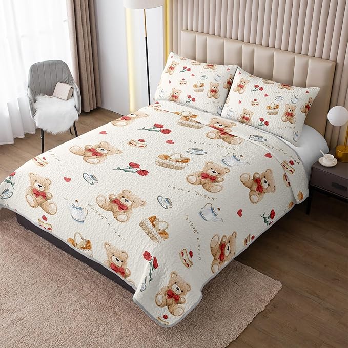 Kawaii Brown Teddy Bear Pet Toy Quilt Bedding Queen 3Pcs Cartoon Rose Cake Breadbasket Bed Set Safari Animal Pattern Bedspread Coverlet with 2 Pillowcases for Kid Boy Girl Teen Adult Room Decor