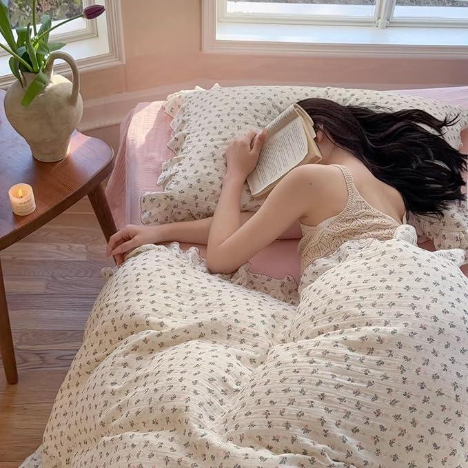 BuLuTu Floral Ruffled Duvet Cover Full for Kids Teens Girls, Cottagecore Comforter Cover with Pillow Cases, Soft Breathable Muslin Cotton Quilt Cover, Zipper Closure and 4 Corner Ties