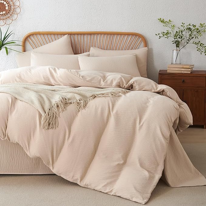 Duvet Cover Quee Beige, Luxury Brushed Microfiber Double-Layer Crinkle Gauze Beige Queen Duvet Cover, 3 Pieces Bedding for All-Season, Soft Breathable with Zipper Closure (No Comforter)