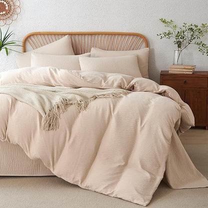 Duvet Cover Quee Beige, Luxury Brushed Microfiber Double-Layer Crinkle Gauze Beige Queen Duvet Cover, 3 Pieces Bedding for All-Season, Soft Breathable with Zipper Closure (No Comforter)
