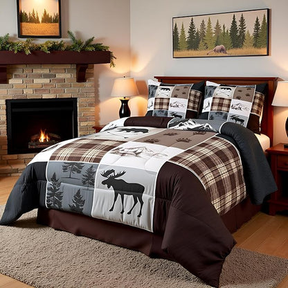 Hunting Camper Comforter Set Queen Size Bear Elk Arrow Wild Animals Bedding Set Kids Boys Teens Women Rustic Farmhouse Cabin Home Decor 3pcs,Retro Geometric Stripes Plaid Duvet Insert,Brown Grey