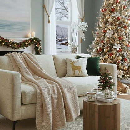 Cloud Scape Linen Herringbone Cotton Throw Blanket for Couch, Bed,Sofa, Home Decor, Soft, Heavy, All-Season, Winter Bed Blanket, Best Gift for Christmas, 50 x 70, Fog