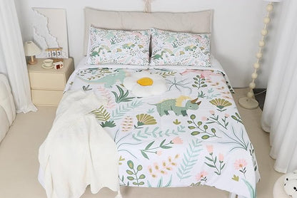 Castle Fairy Cute Dino Kids Comforter Set Twin Size,Kawaii Pink Green Dinosaur Bedding Set for Kids Boys Men,Cartoon Wildlife Floral Leaves Plant Quilted Duvet Set with 1 Pillowcase