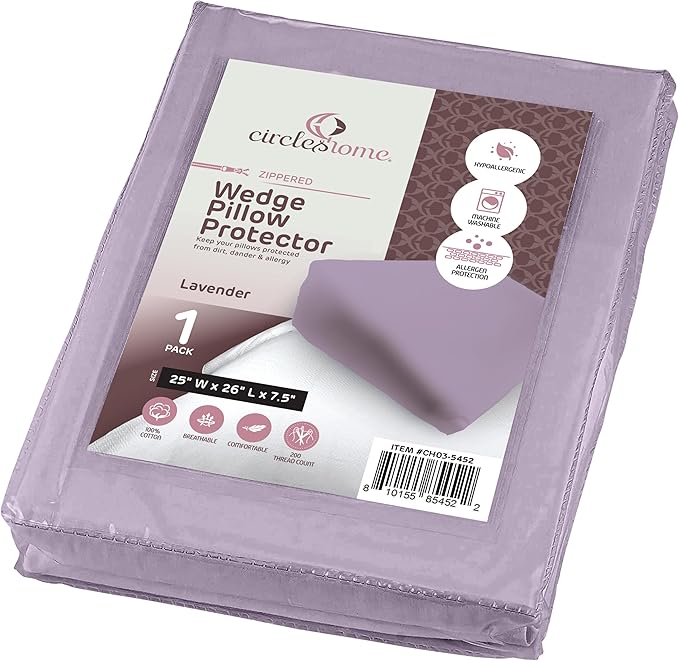 CirclesHome Wedge Pillow Cover 100% Cotton, Zippered Wedge Pillow Case Protector, Soft, Hypoallergenic & Breathable , Lavender, (25Wx26Lx7.5)
