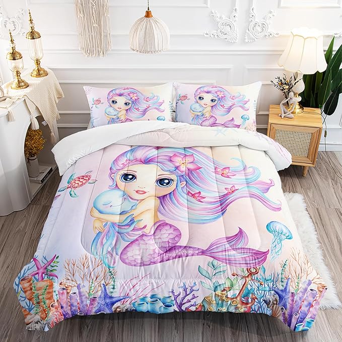 Mermaid Comforter Set Twin Size Jellyfish Turtle Bedding Set Fish Grass Quilt Bed Set for Kid Girls with 1 Comforter and 2 Pillowcases