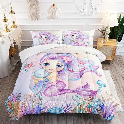 Mermaid Comforter Set Queen Size Jellyfish Turtle Bedding Set Fish Grass Quilt Bed Set for Kid Girls with 1 Comforter and 2 Pillowcases