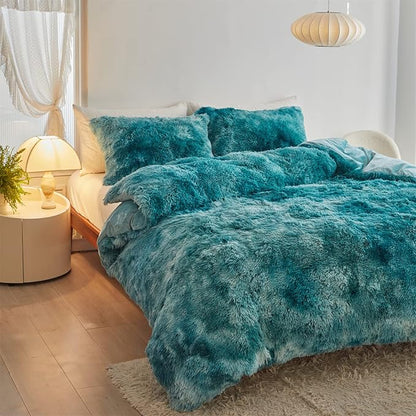 Wajade Faux Fur Plush Tie Dye Teal Comforter Set Fluffy Fuzzy Shaggy Bedding Set - 3PC Full Size Microfiber Soft Warm Quilt Set
