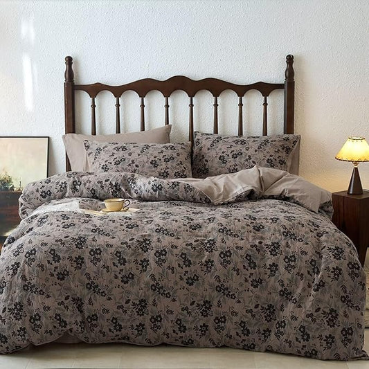BuLuTu Vintage Muslin Duvet Cover Set Twin, 100% Cotton Linen Like Comforter Cover Boho Floral Quilt Cover with 2 Pillowcases, 86"x68", Soft Breathable Bedding Set, Zipper & Corner Ties