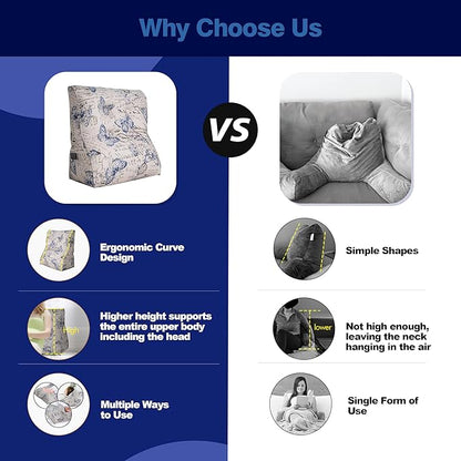 Daneey Reading Pillow for Bed Adult, Back Support Pillow for Bed, Sit Up Pillow Backrest, 24 * 10 * 24IN, 100% Cotton, Printed Floral Pillows for Sofa Couch, Blue