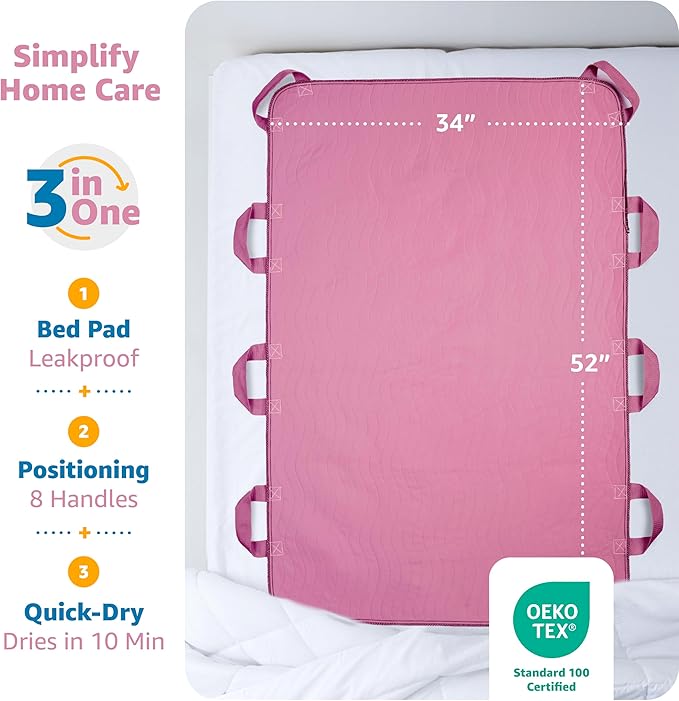 Improvia Positioning Bed Pad, with 8 Reinforced Handles, Quick-Drying, Washable, Waterproof, for Lifting, Turning, Transfering, Elderly and Incontinence Patients (Pink, Pack of 2)