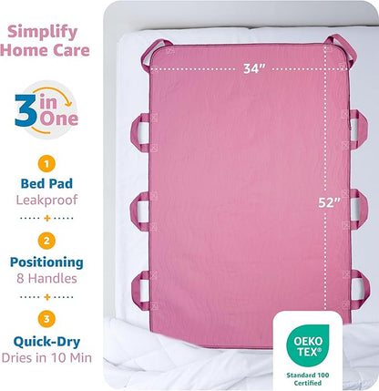 Improvia Positioning Bed Pad, with 8 Reinforced Handles, Quick-Drying, Washable, Waterproof, for Lifting, Turning, Transfering, Elderly and Incontinence Patients (Pink, Pack of 2)