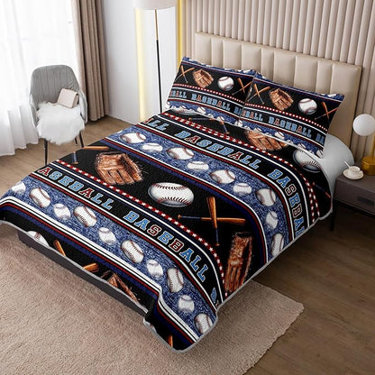 QOOMO Baseball Quilt Set Full/Queen Size,Sports Games Bedspread Coverlet Set,Sports 3Pcs Bedding Set Printed Quilt with 2 Pillowcases,Soft and Lightweight,for All Seasons