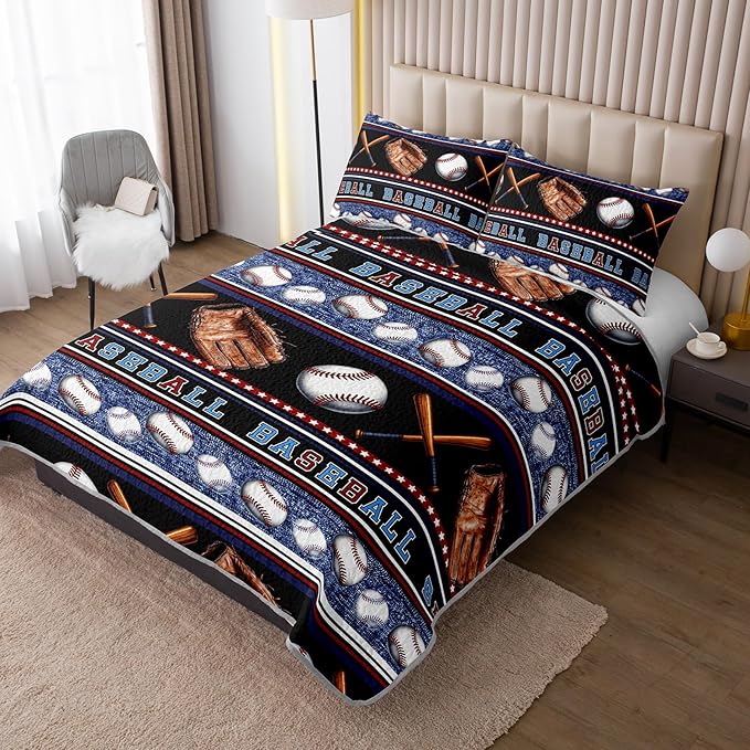 QOOMO Baseball Quilt Set Twin Size,Sports Games Bedspread Coverlet Set,Sports 3Pcs Bedding Set Printed Quilt with 2 Pillowcases,Soft and Lightweight,for All Seasons