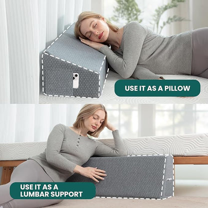 Wedge Bolster Pillow - Ergonomic Memory Foam Reading & Gaming Pillow for Back, Neck, Hip Pain Relief - Removable Washable Cover for Bed, Couch, Floor, Gray King Size(76"x9"x12")