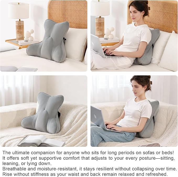 Lumbar Support Pillow – Multi-Functional Ergonomic Back Cushion for Office Chair, Car Seat & Sofa, Reading Pillow with Firm Multi-Zone Support to Relieve Lower Back Pain,Zinc Gray