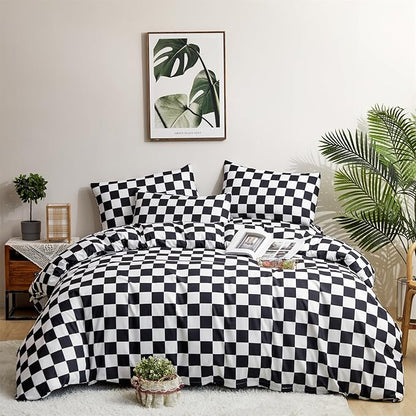 Wellboo Black White Plaid Comforter Sets Queen Women Men Black and White Checkerboard Grid Bedding Comforters Cotton Boys Girls Modern Checkered Geometric Quilts Luxury Abstract White Bedding