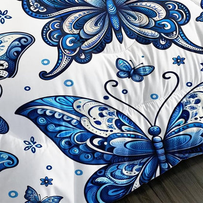 Blue Butterfly Comforter Bedding Set Queen Size,Bohemian Style Blue Series Bedding for Kids Girls Boys,Insect Themed Children's Bedding Soft Fluffy Comforter Sets with 2 Pillowcases.