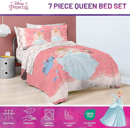 Jay Franco Kids Comforter Set Includes Sheets and Pillow Covers - Soft and Cozy Bed Set for Stylish Room Decor, Pink - Princess Cinderella, 7 Piece Queen Size Bedding