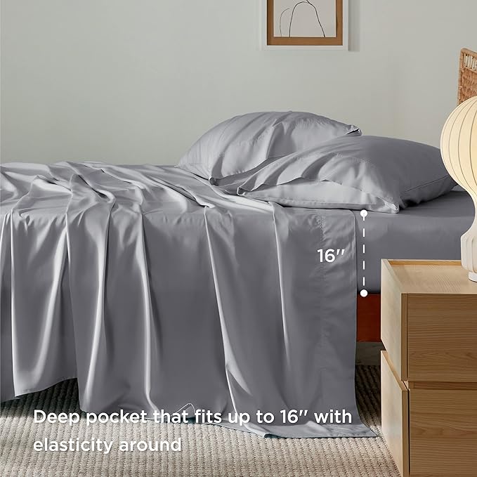 Bedsure King Size Sheet Set, Cooling Sheets, Rayon Derived from Bamboo, Deep Pocket Up to 16", Breathable & Soft, Bed Sheets, Hotel Luxury Silky Bedding for Hot Sleepers, Silver Grey