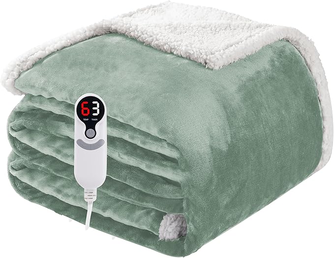 Electric Heated Blanket Twin Size 62"x84", Soft Flannel with Overheat Protection, 6 Adjustable Heat Settings & 10-Hour Auto-Off Timer, Fast Heating for Winter Comfort, Light Green