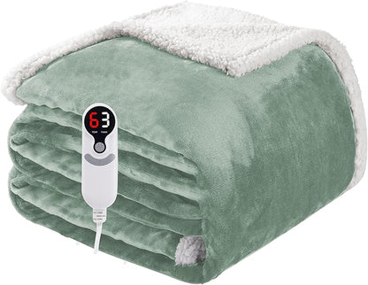 Electric Heated Blanket Twin Size 62"x84", Soft Flannel with Overheat Protection, 6 Adjustable Heat Settings & 10-Hour Auto-Off Timer, Fast Heating for Winter Comfort, Light Green