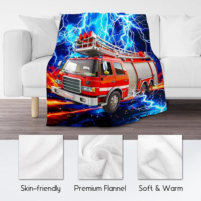 Boys Blanket for Kids, Fire Truck Blanket for Boys, Car Gifts with Lightning, Warm Fleece Throw for Couch Sofa, 40"x50"