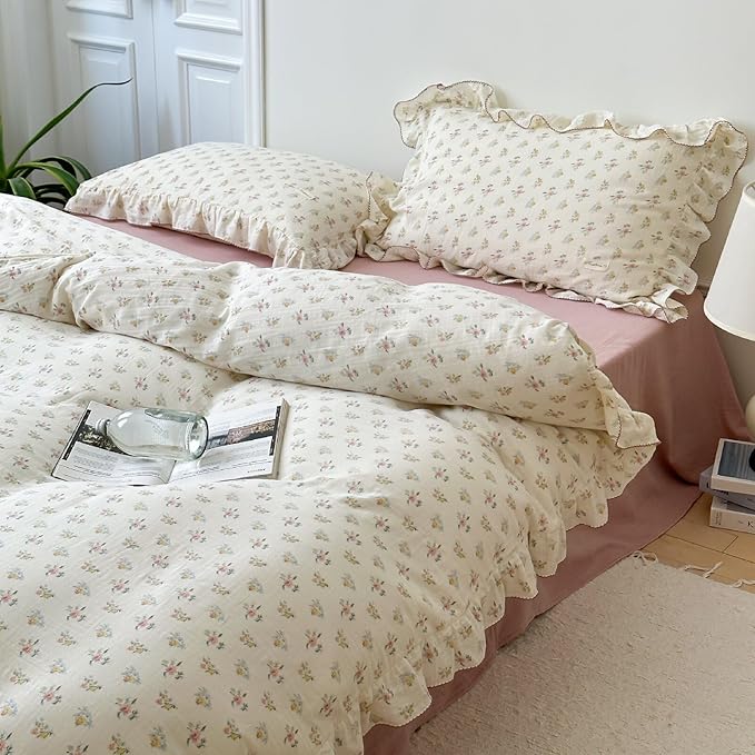 BuLuTu Cotton Muslin Kids Duvet Cover Set Twin Size, Shabby Chic Azalea Floral Comforter Cover with Ruffles, Kids Teens Girls Boys Bedding Set, Soft Lightweight Quilt Cover with 2 Pillowcases