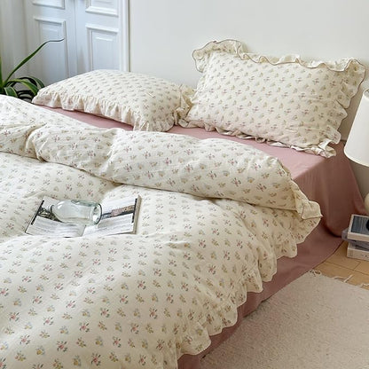 BuLuTu Muslin Duvet Cover Full with Ruffles, Shabby Chic Azalea Floral Bedding for Kids Teens Girls Boys, Comforter Cover Breathable Soft Gauze Cotton Quilt Cover with Zipper & Corner Ties