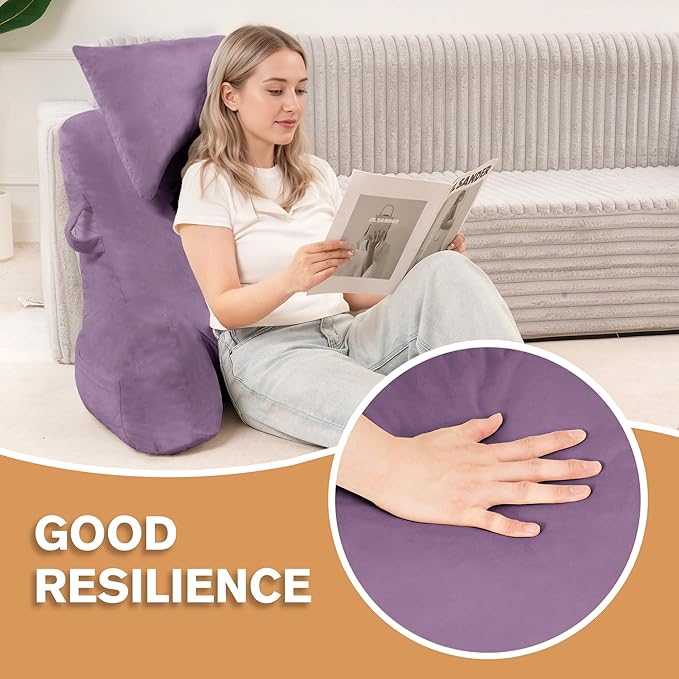 Portable Reading Pillows with Headrest for Bed Sitting Up(Lavender Purple Oeko-Tex), Velvet Back Pillow with Arms & Pockets for Adults, Support Memory Foam Bed Pillow for Dorm/Reading/Gaming