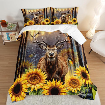 Deer Bedding Sets for Kids Boys Girls Room Decor,Hunting Themed Forest Sunflower Bedding Comforter Sets,Western Comforter Sets Woodland Camo King Bedding Set with 2 Pillowcases.
