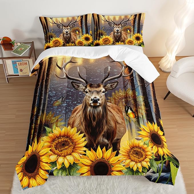 Deer Bedding Sets for Kids Boys Girls Room Decor,Hunting Themed Forest Sunflower Bedding Comforter Sets,Western Comforter Sets Woodland Camo Full Bedding Set with 2 Pillowcases.