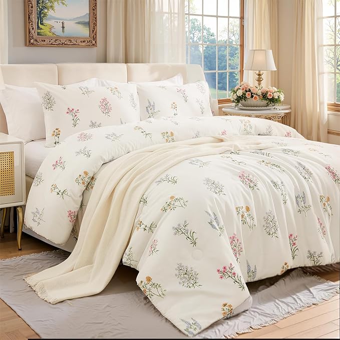 100% Washed Cotton Duvet Cover Twin Size - Linen Like Reversible Durable Soft Floral Duvet Cover Sets, 2 Pieces White Comforter Cover with Zipper Closure