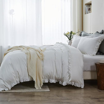 Simple&Opulence Kids 100% Organic Cotton Twin Duvet Cover Ruffle 2Pcs(1 Comforter Cover 1 Pillowcase) Cute Lace Vintage Boho Shabby Chic Farmhouse Bedding Set Teen Girls(White, Twin)