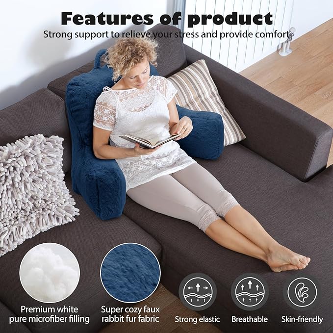 Reading Pillow Large Bed Pillow,Backrest Pillow with Arms, Back Support Pillow for Sitting Up in Bed, Couch for Adults Lounging Bedrest,Blue