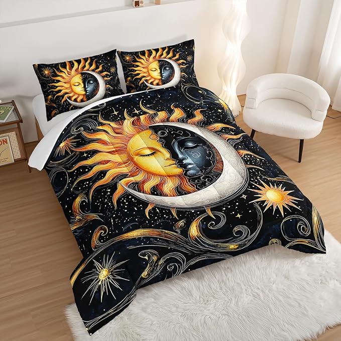Sun and Moon Bedding Set Twin Size,Yellow Galaxy Celestial Bedding for Kids Boys Girls Teens Room Boho Decor,Black and Yellow Fluffy Comforter Sets with 2 Pillowcases.